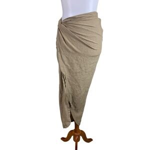 OW Intimates Iris Skirt Taupe Linen Blend Ruched Wrap Midi Skirt Side Slit XS
